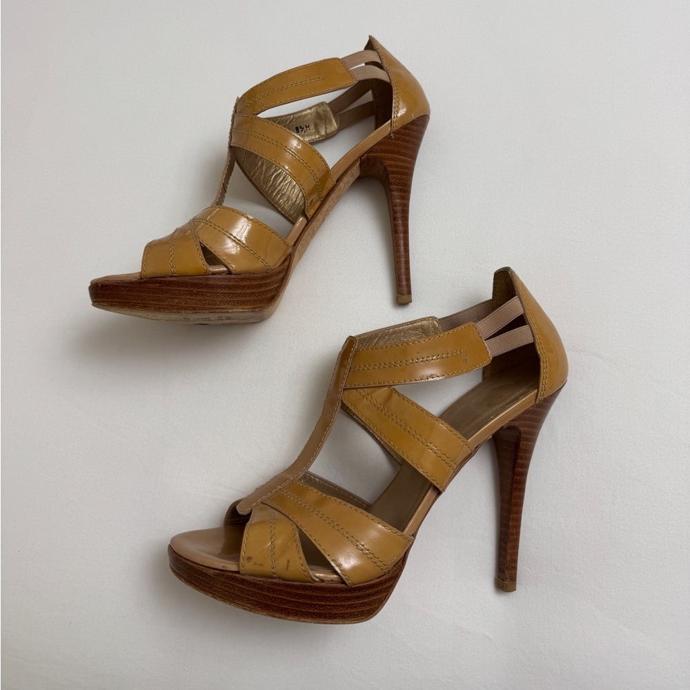 Stuart Weitzman Patent Leather Strappy Stiletto Platform Heels Size 8.5 Classic - Picture 3 of 13